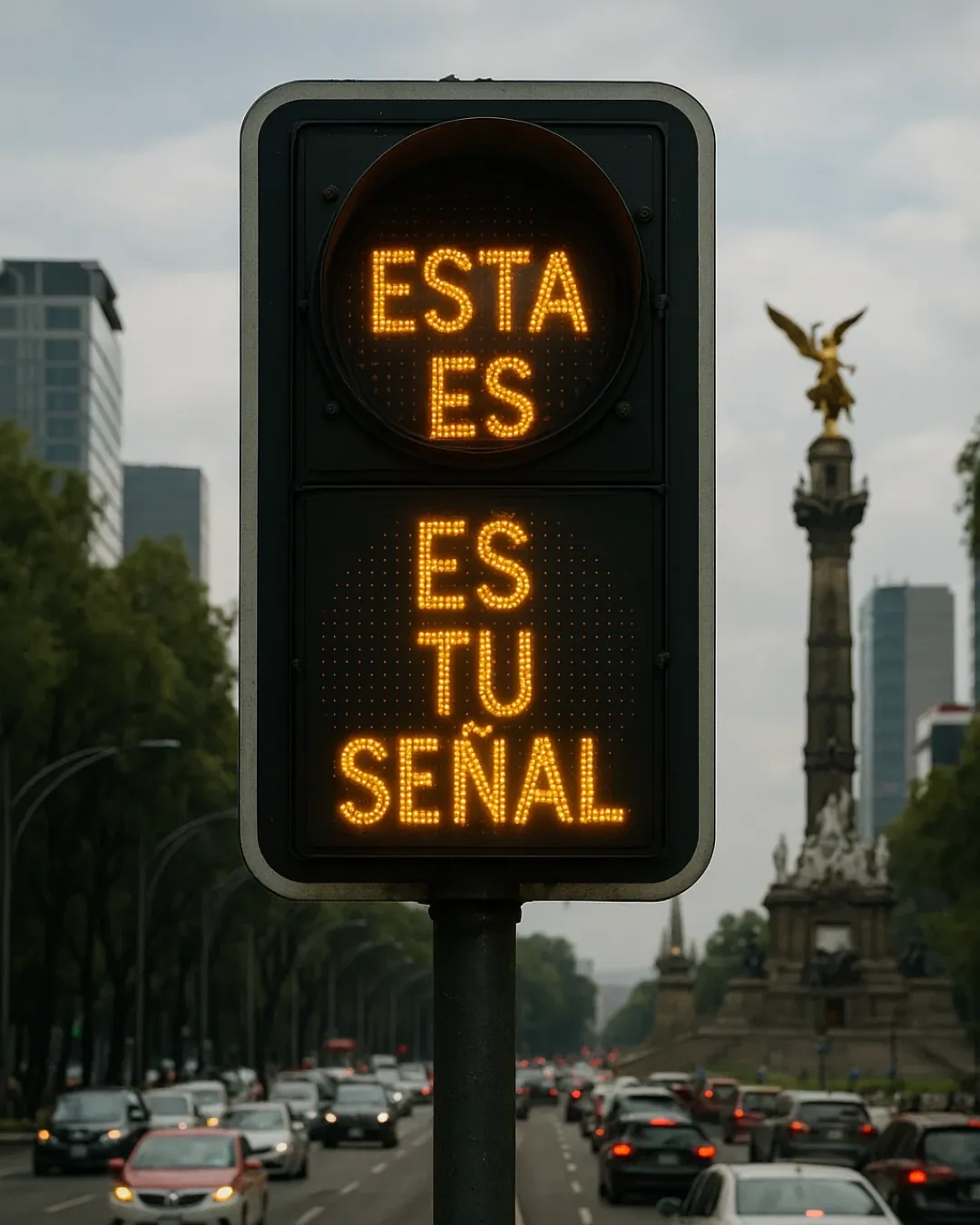 Semáforo en Ciudad de México con el letrero «Esta es tu señal»